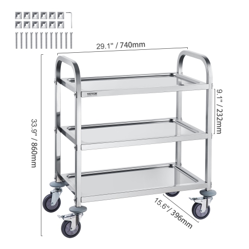 VEVOR&nbsp;3 Layers Stainless Steel Cart,&nbsp;Lab Utility Cart&nbsp;400 lbs Weight Capacity,&nbsp;Medical Cart&nbsp;with Lockable Universal Wheels,