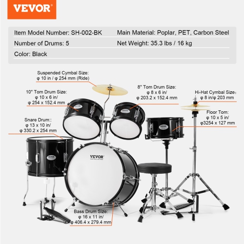 VEVOR 5-Piece Kids Drum Set, 16 in Beginner Full Drum Set with Bass Toms Snare Floor Drum Adjustable Throne Cymbal Hi-Hat Pedal and Two Pairs of