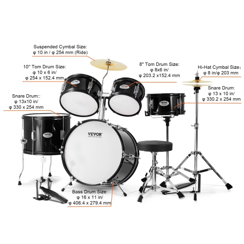 VEVOR 5-Piece Kids Drum Set, 16 in Beginner Full Drum Set with Bass Toms Snare Floor Drum Adjustable Throne Cymbal Hi-Hat Pedal and Two Pairs of