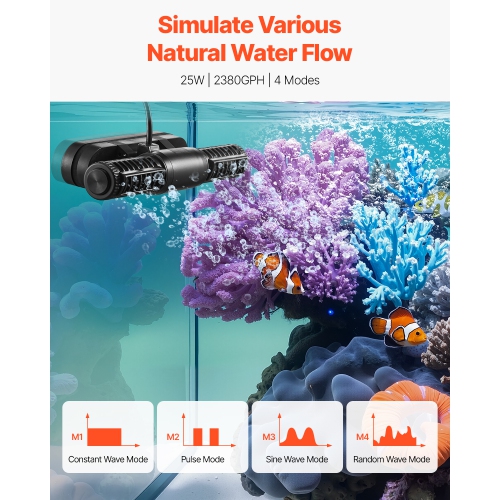 VEVOR 25W Aquarium Wave Maker,2380 GPH Adjustable Cross Flow Pump with Controller, Magnetic DC 24V Powerhead, Strong Magnetic Base, 360° Wavemaker,