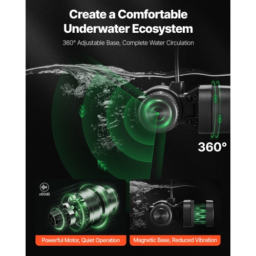 VEVOR 25W Aquarium Wave Maker,2380 GPH Adjustable Cross Flow Pump with Controller, Magnetic DC 24V Powerhead, Strong Magnetic Base, 360° Wavemaker,