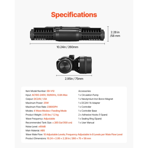 VEVOR 25W Aquarium Wave Maker,2380 GPH Adjustable Cross Flow Pump with Controller, Magnetic DC 24V Powerhead, Strong Magnetic Base, 360° Wavemaker,