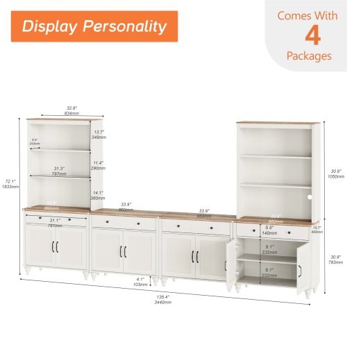 WAMPAT Entertainment Center with Bookshelves for TVs up to 75", Farmhouse TV Stand with 8 Doors & 4 Drawer, Media Console Table for Living Room,