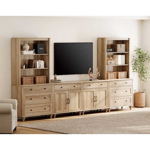 WAMPAT  Entertainment Center \w Bookshelves for Tvs Up to 75", Farmhouse Wall Unit Tv Stand \w Doors & Drawer, Media Console Table for Living Room