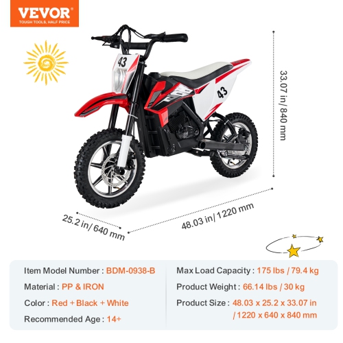 VEVOR 36V Battery Powered Electric Motorcycle with Speed Up to 15.5mph, Treaded Tires, LED Light, Battery Gauge, Dual Brakes, Ride on Toys for