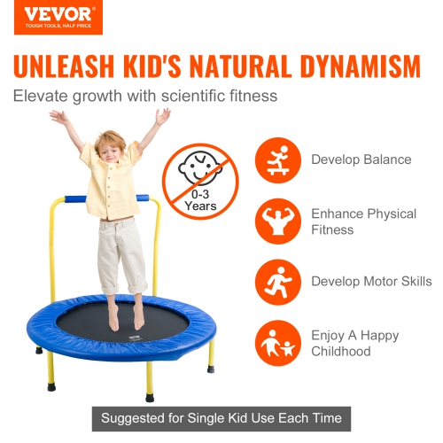 VEVOR 3FT Trampoline for Kids, 36" Trampolines Indoor/Outdoor Trampoline for Toddlers, Foldable Mini Baby Trampoline with Foam Handle, Trampoline