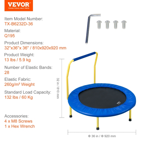 VEVOR 3FT Trampoline for Kids, 36" Trampolines Indoor/Outdoor Trampoline for Toddlers, Foldable Mini Baby Trampoline with Foam Handle, Trampoline