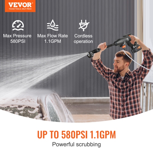 VEVOR 580-PSI Cordless Pressure Washer, 1.1 GPM Power Cleaner, Handheld High-Pressure Car Washer Gun with 4.0Ah Battery, Charger, 6-in-1 Nozzle, for