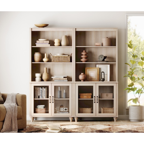 WAMPAT 5 Tier Bookshelf 72" Tall Bookcase with Glass Doors,Large Farmhouse Display Book Shelf with Adjustable Shelves and Storage Cabinet,