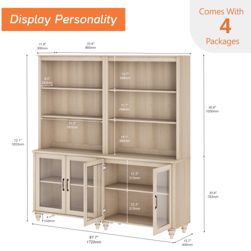WAMPAT 5 Tier Bookshelf 72" Tall Bookcase with Glass Doors,Large Farmhouse Display Book Shelf with Adjustable Shelves and Storage Cabinet,