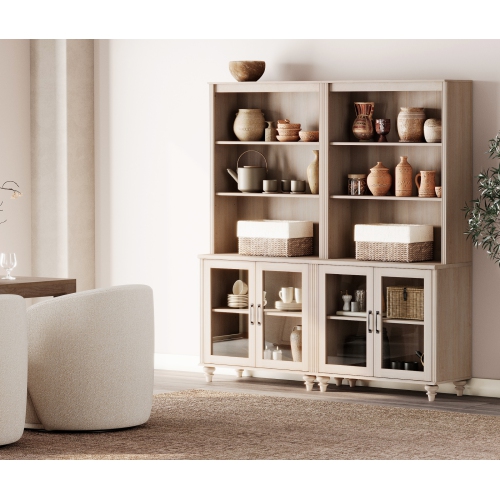 WAMPAT 5 Tier Bookshelf 72" Tall Bookcase with Glass Doors,Large Farmhouse Display Book Shelf with Adjustable Shelves and Storage Cabinet,