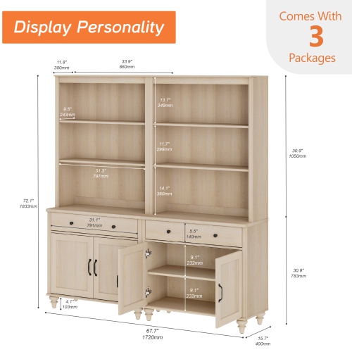 WAMPAT 5 Tier Bookshelf 72" Tall Bookcase with Barn Doors, Large Farmhouse Display Book Shelf with 2 Drawers and Storage Cabinet, Bookshelves for