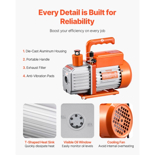 VEVOR 4 CFM Vacuum Pump, HVAC Single Stage Rotary Vane Vacuum Pump, for R134a R22 R410a Systems, Auto AC Vacuum Pump Kit with Oil Bottle, for