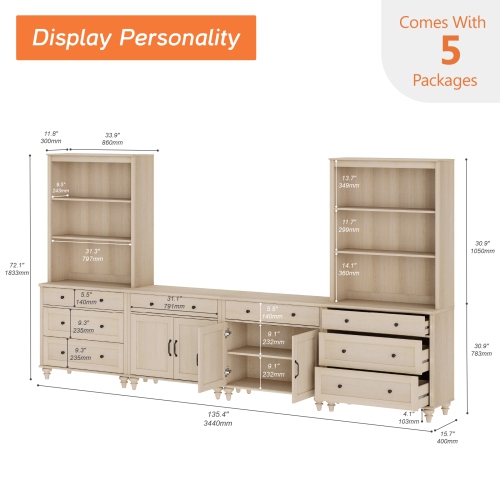 WAMPAT Entertainment Center with Bookshelves for TVs up to 75", Farmhouse TV Stand with Doors & Drawer, Media Console Table for Living Room, Bedroom