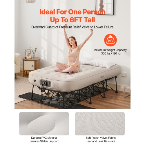 Matelas gonflable pour 1&nbsp;personnes VEVOR avec cadre, lit de camping avec pompe intégrée, lit gonflable pliant portatif 300&nbsp;lb, lit
