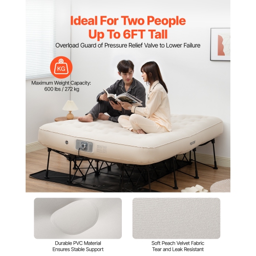 VEVOR 2 Person Air Mattress with Frame, Camping Cot with Built-in Pump, Portable Folding Air Beds Supports 600 lbs, Blow Up Anywhere Bed for Guests