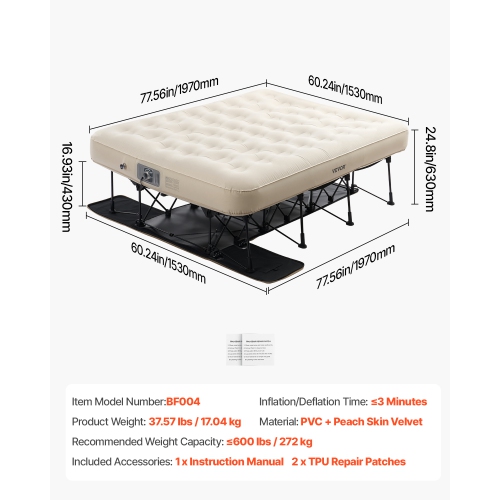 VEVOR 2 Person Air Mattress with Frame, Camping Cot with Built-in Pump, Portable Folding Air Beds Supports 600 lbs, Blow Up Anywhere Bed for Guests