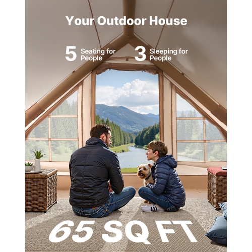 VEVOR 3-5 Person Inflatable Tents for Camping, Easy Setup Blow up Tent with Hand Pump, 300D Oxford 4 Season Glamping Tent with Canopy, Stove Jack, 2