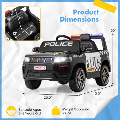 Voiture de police à 12 V piles 7 A de Honeyjoy Kids avec télécommande, noir/blanc