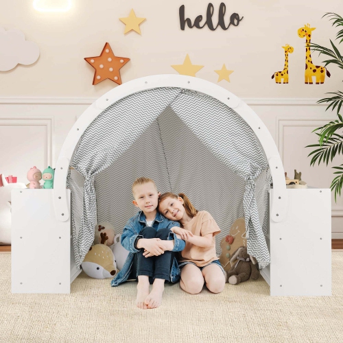 Costway Indoor Playhouse with Storage Wooden Kids Play Tent with Curtain Shades & 8 Cubbies