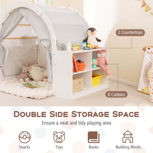 Costway Indoor Playhouse with Storage Wooden Kids Play Tent with Curtain Shades & 8 Cubbies