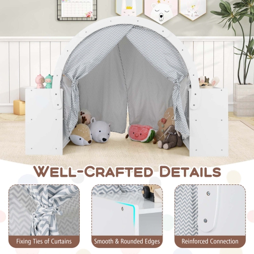 Costway Indoor Playhouse with Storage Wooden Kids Play Tent with Curtain Shades & 8 Cubbies