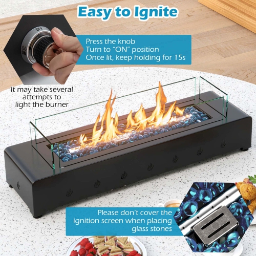 Costway 30" Tabletop Propane Fire Pit with Wind Guard Glass Rocks Stainless Steel Burner