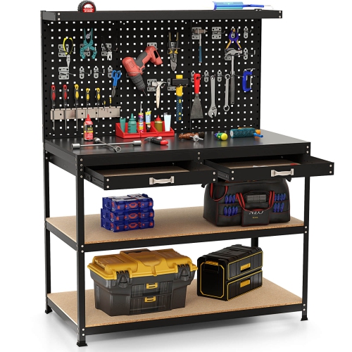 COSTWAY  48" X 24" Workbench Heavy-Duty Worktable With 3 PCs Pegboard Drawer & Shelves Navy/black