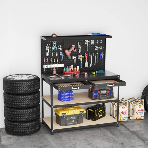 Costway 48" x 24" Workbench Heavy-Duty WorkTable with 3 PCs Pegboard Drawer & Shelves Navy/Black