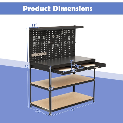 Costway 48" x 24" Workbench Heavy-Duty WorkTable with 3 PCs Pegboard Drawer & Shelves Navy/Black