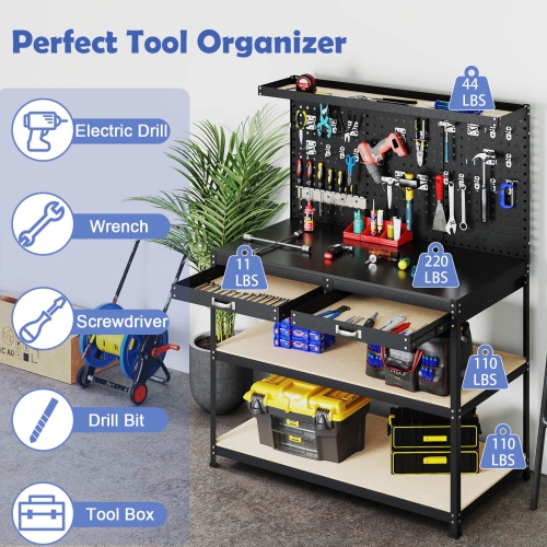 Costway 48" x 24" Workbench Heavy-Duty WorkTable with 3 PCs Pegboard Drawer & Shelves Navy/Black