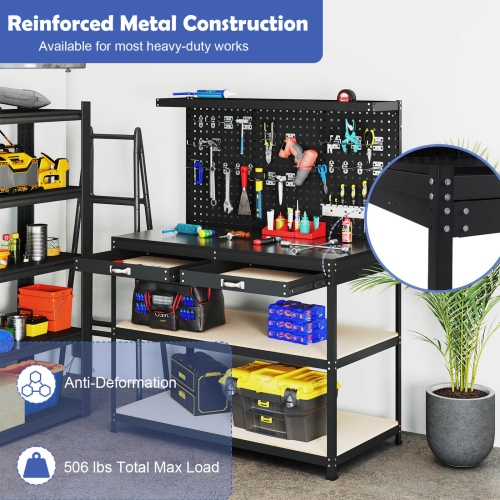 Costway 48" x 24" Workbench Heavy-Duty WorkTable with 3 PCs Pegboard Drawer & Shelves Navy/Black