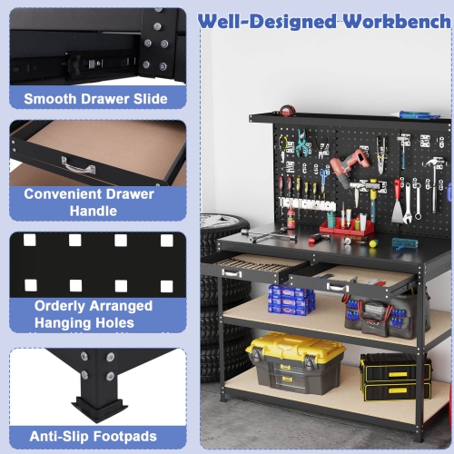 Costway 48" x 24" Workbench Heavy-Duty WorkTable with 3 PCs Pegboard Drawer & Shelves Navy/Black