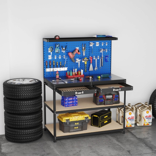 Costway 48" x 24" Workbench Heavy-Duty WorkTable with 3 PCs Pegboard Drawer & Shelves Navy/Black