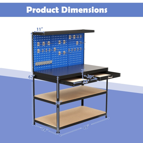 Costway 48" x 24" Workbench Heavy-Duty WorkTable with 3 PCs Pegboard Drawer & Shelves Navy/Black