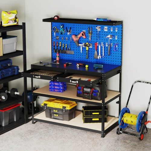 Costway 48" x 24" Workbench Heavy-Duty WorkTable with 3 PCs Pegboard Drawer & Shelves Navy/Black