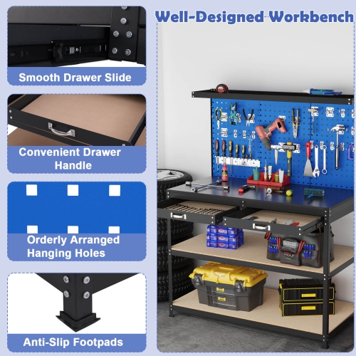 Costway 48" x 24" Workbench Heavy-Duty WorkTable with 3 PCs Pegboard Drawer & Shelves Navy/Black