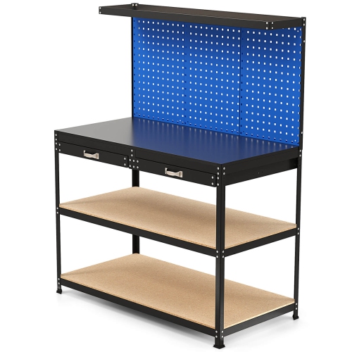 Costway 48" x 24" Workbench Heavy-Duty WorkTable with 3 PCs Pegboard Drawer & Shelves Navy/Black