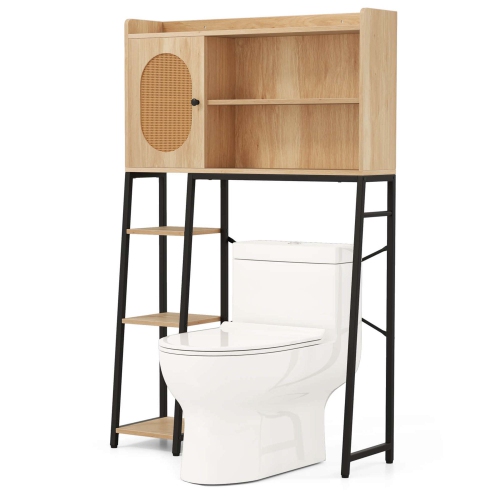 Costway Over The Toilet Storage Cabinet Space-saving Toilet Organizer with PE Rattan Door