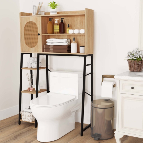 Costway Over The Toilet Storage Cabinet Space-saving Toilet Organizer with PE Rattan Door