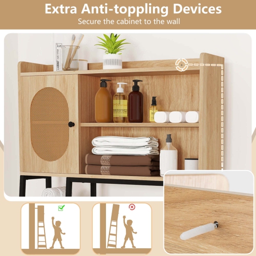 Costway Over The Toilet Storage Cabinet Space-saving Toilet Organizer with PE Rattan Door