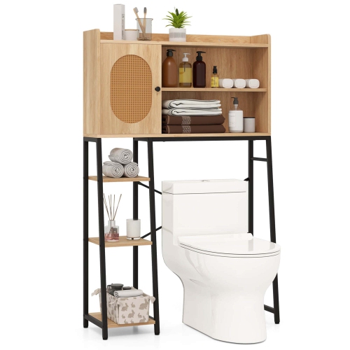 Costway Over The Toilet Storage Cabinet Space-saving Toilet Organizer with PE Rattan Door