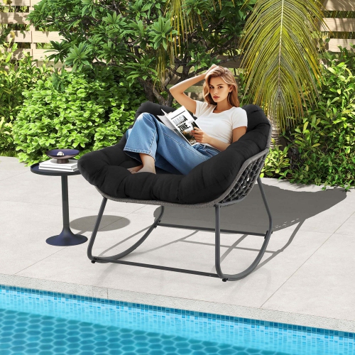 Costway 1/2 PCS Outdoor Rocking Chair Oversized Patio PE Wicker Egg Chair Rattan Lounge Chair Black/Gray
