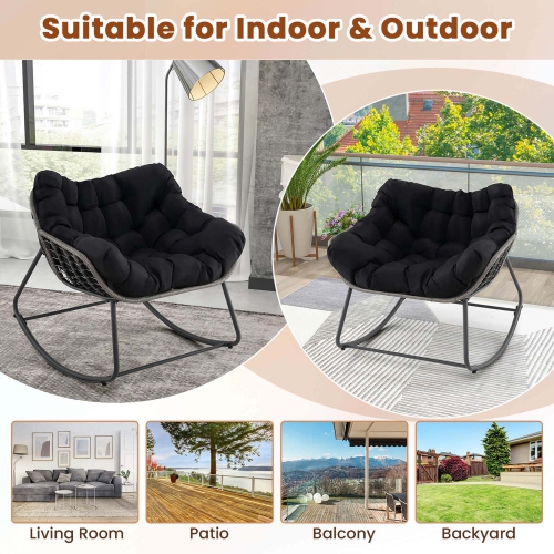 Costway 1/2 PCS Outdoor Rocking Chair Oversized Patio PE Wicker Egg Chair Rattan Lounge Chair Black/Gray