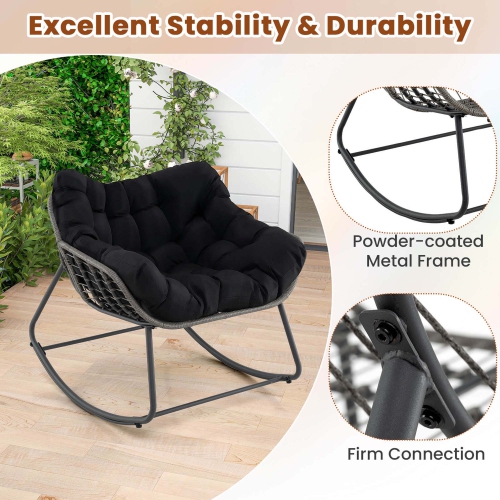 Costway 1/2 PCS Outdoor Rocking Chair Oversized Patio PE Wicker Egg Chair Rattan Lounge Chair Black/Gray