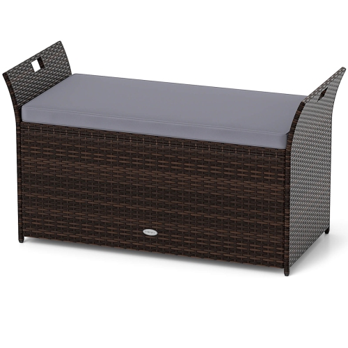 Costway Outdoor Bench with Hand-woven PE Rattan Wicker Cushion & Side Handles Storage Gray/Brown