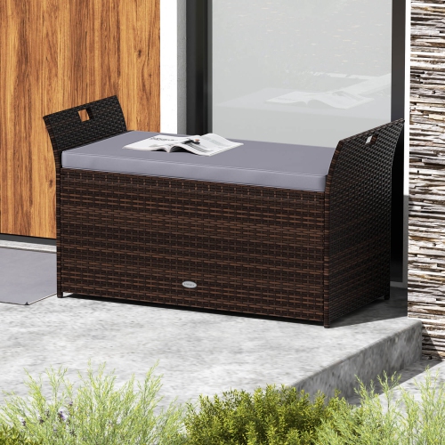 Costway Outdoor Bench with Hand-woven PE Rattan Wicker Cushion & Side Handles Storage Gray/Brown