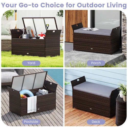 Costway Outdoor Bench with Hand-woven PE Rattan Wicker Cushion & Side Handles Storage Gray/Brown