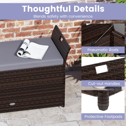 Costway Outdoor Bench with Hand-woven PE Rattan Wicker Cushion & Side Handles Storage Gray/Brown