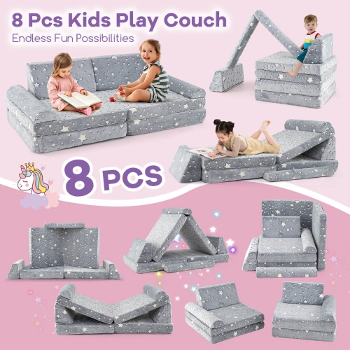 Canapé de jeu modulaire pour enfants Honeyjoy 8 PCS avec poignées lavables à la machine pour construire gris fort/multicolore